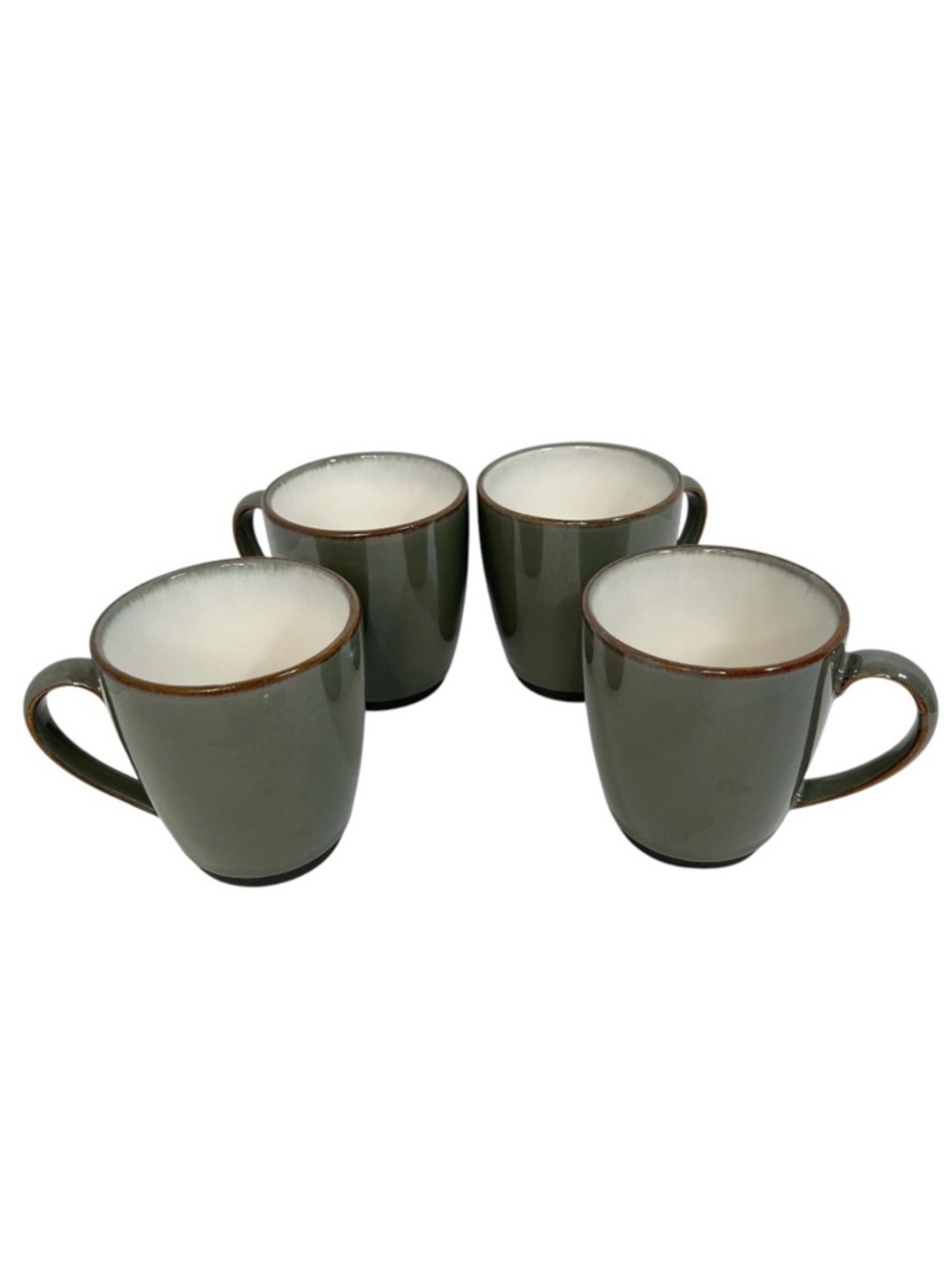 Sango Avocado Green Coffee Cups Brown Trim Stoneware Rustic Cabin Set of 4